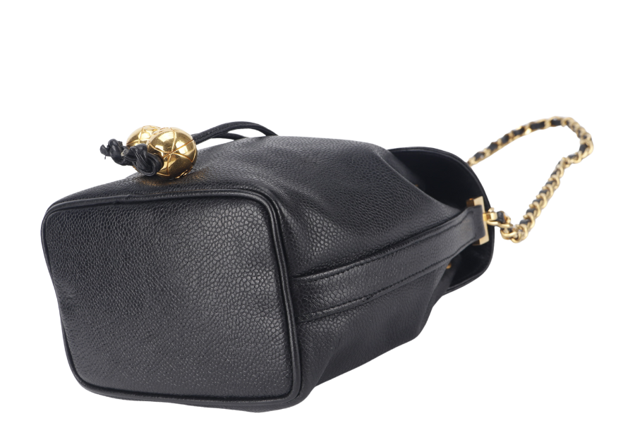 CHANEL VINTAGE BLACK CAVIAR MINI SLING BUCKET BAG WITH FLAP GOLD HARDWARE NO , NO DUST COVER