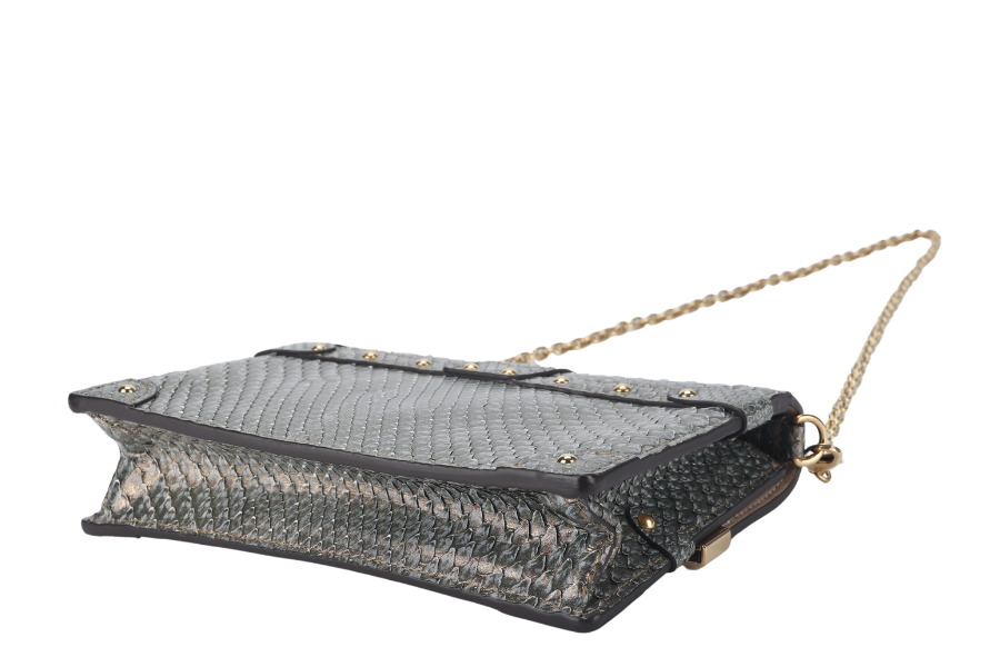 LOUIS VUITTON TRUNK CHAIN WALLET (N99721) PYTHON METALLIC LEATHER GOLD HARDWARE WITH CHAIN, STRAP AND DUST COVER