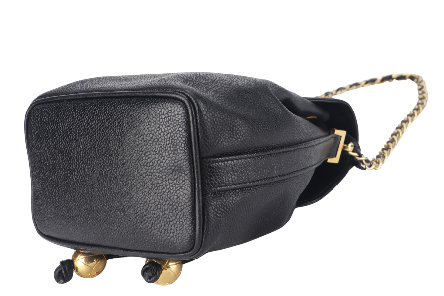 CHANEL VINTAGE BLACK CAVIAR MINI SLING BUCKET BAG WITH FLAP GOLD HARDWARE NO , NO DUST COVER