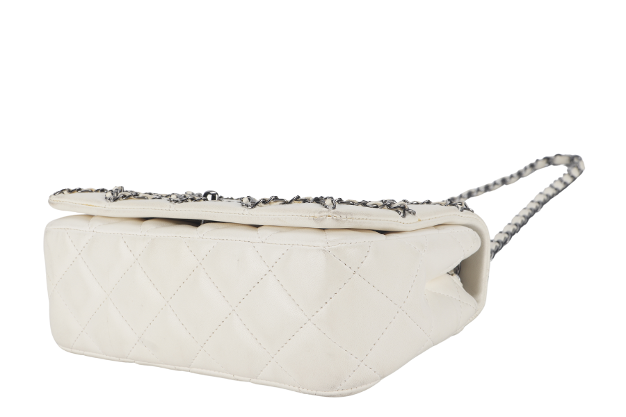 CHANEL QUILTING ENCHAINED FLAP BAG (1968xxxx) WHITE LAMBSKIN LEATHER SILVER HARDWARE WITH , DUST COVER AND BOX