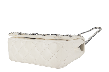 CHANEL QUILTING ENCHAINED FLAP BAG (1968xxxx) WHITE LAMBSKIN LEATHER SILVER HARDWARE WITH , DUST COVER AND BOX