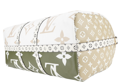 LOUIS VUITTON KEEPALL BANDOULIERE 50 (M44590) KHAKI BEIGE GIANT MONOGRAM GOLD HARDWARE WITH STRAPS, PADLOCK, KEYS, DUST COVER AND BOX