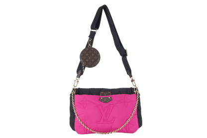 LOUIS VUITTON MAXI MULTI POCHETTE (M58980) BLACK AND FUCHSIA NYLON PILLOW MONOGRAM WITH GOLD CHAIN , STRAP WITH DUST COVER
