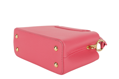 LOUIS VUITTON MINI CAPUCINES (M59440) PINK-LIME TAURILLON LEATHER GOLD HARDWARE MICROCHIP WITH STRAP, DUST COVER AND BOX