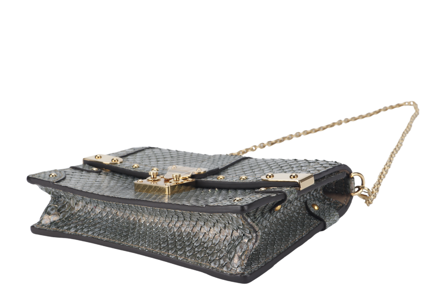 LOUIS VUITTON TRUNK CHAIN WALLET (N99721) PYTHON METALLIC LEATHER GOLD HARDWARE WITH CHAIN, STRAP AND DUST COVER