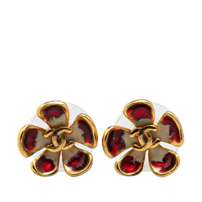 Red Chanel Gold Plated Enamel CC Flower Push Back Earrings