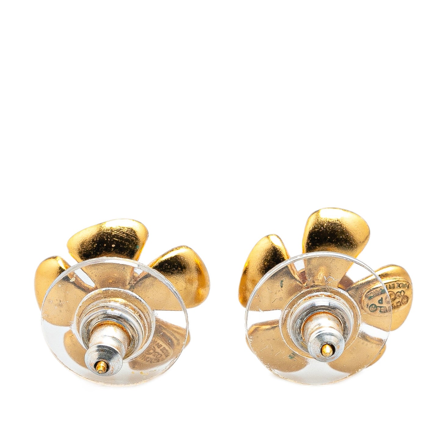 Red Chanel Gold Plated Enamel CC Flower Push Back Earrings
