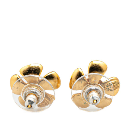 Red Chanel Gold Plated Enamel CC Flower Push Back Earrings