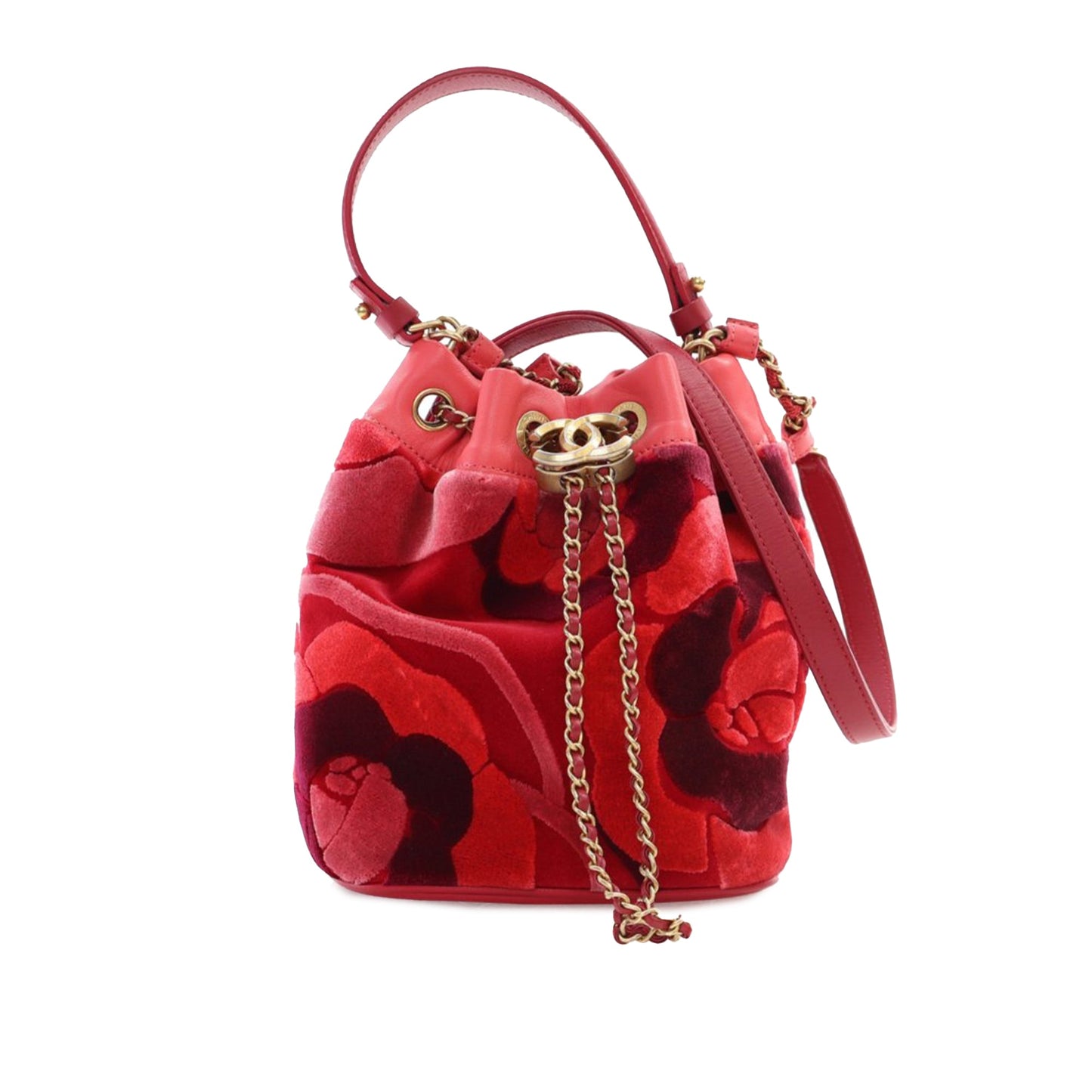 Red Chanel Velvet Camellia Drawstring Bucket Bag