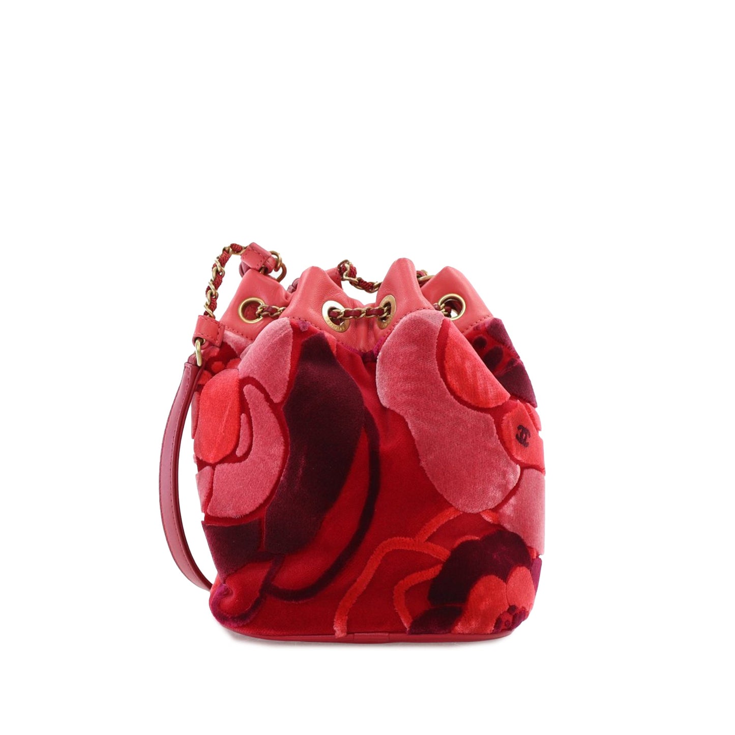 Red Chanel Velvet Camellia Drawstring Bucket Bag