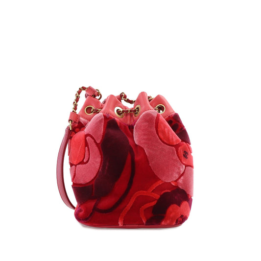 Red Chanel Velvet Camellia Drawstring Bucket Bag