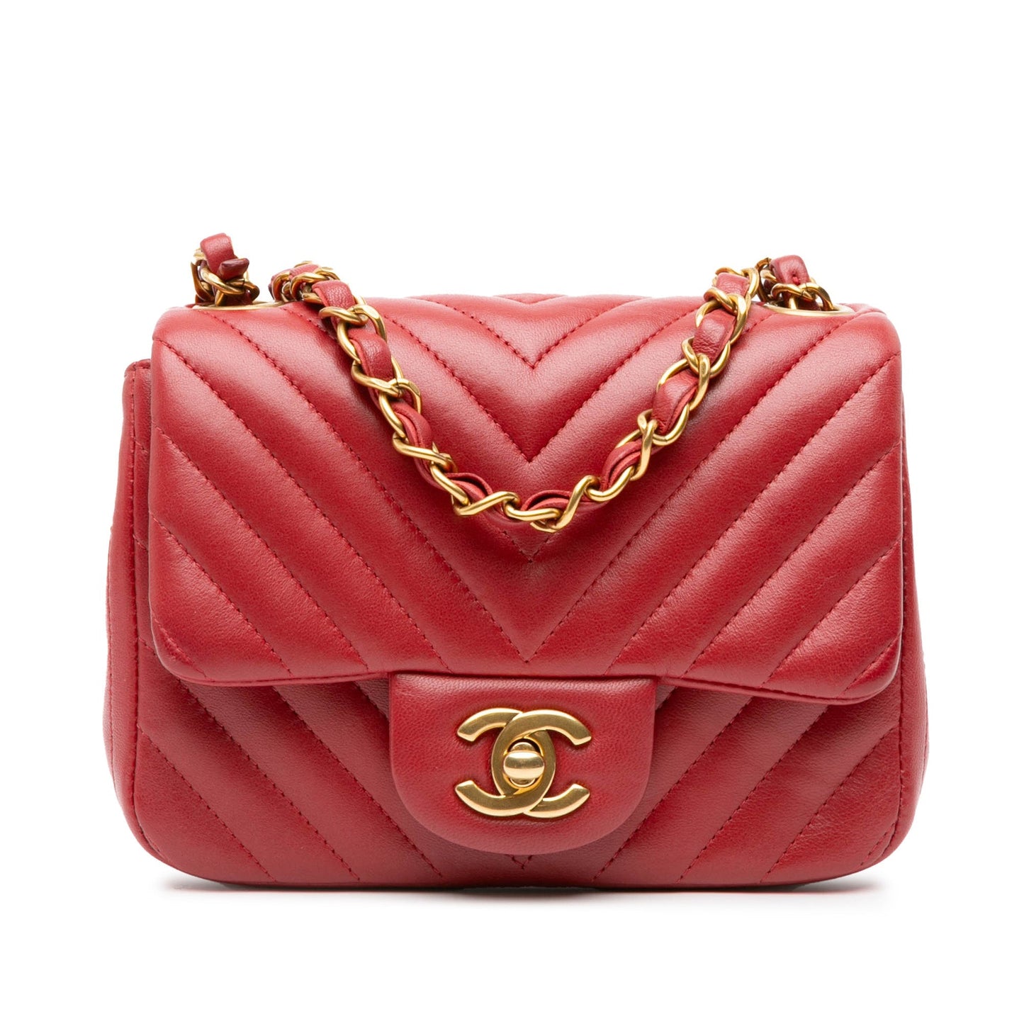 Red Chanel Mini Square Classic Chevron Lambskin Single Flap Crossbody Bag