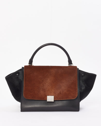 Celine Brown & Black Pony Hair & Leather Medium Trapeze Bag
