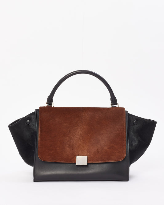 Celine Brown & Black Pony Hair & Leather Medium Trapeze Bag