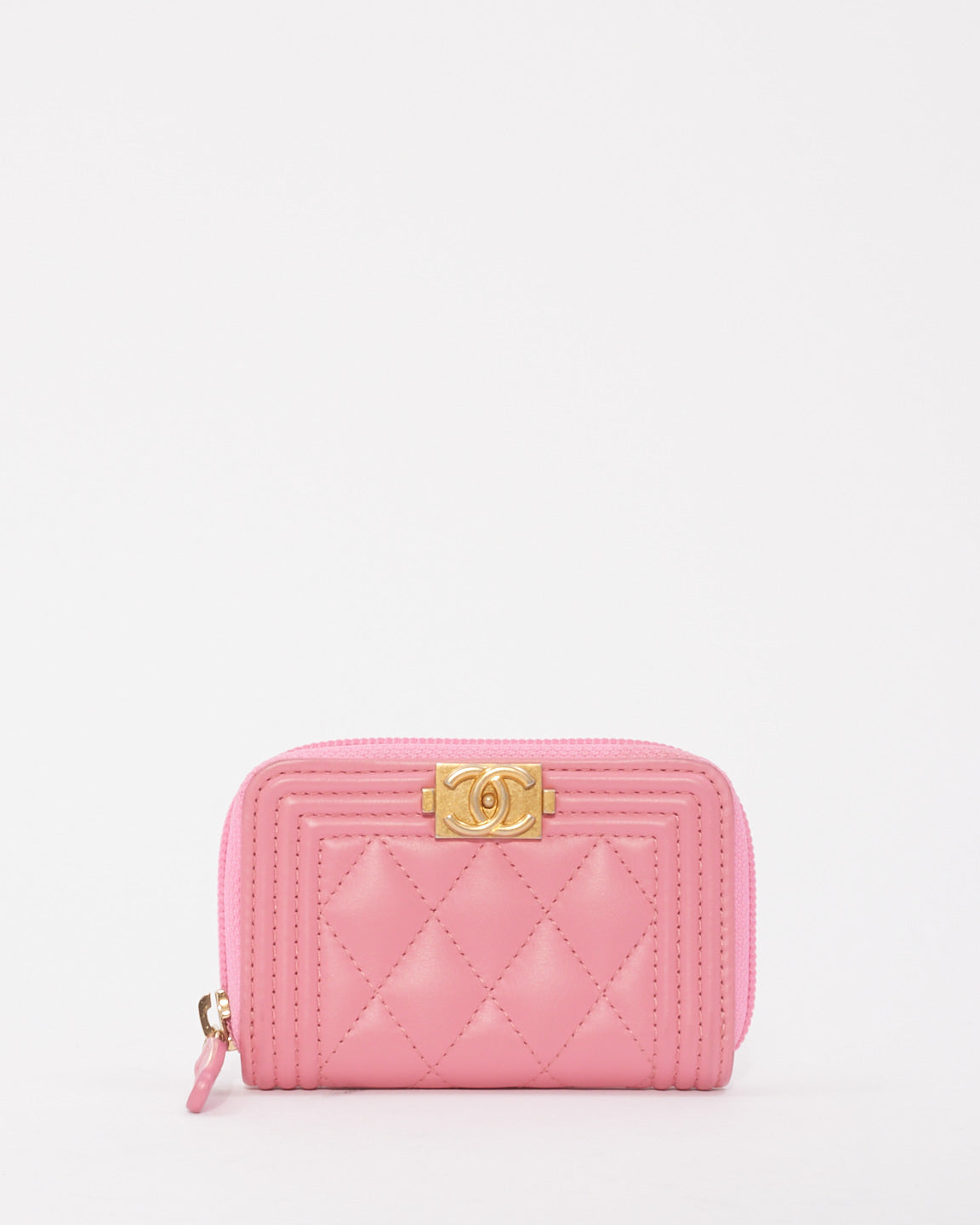 Chanel Pink Leather Boy Zip Around Coin Purse Wallet