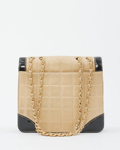 Chanel Vintage Beige & Black Leather Chocolate Bar Flap Shoulder Bag