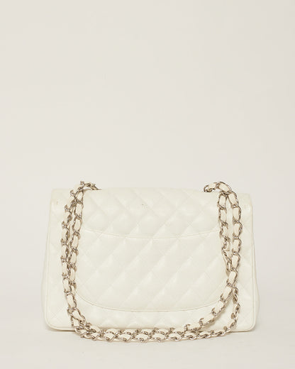 Chanel White Caviar Leather Jumbo Classic Single Flap Bag