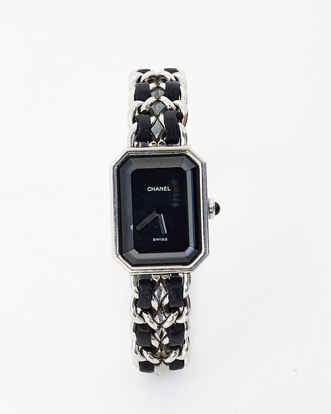 Chanel Sterling Silver & Black Leather Premiere Iconic Chain Watch