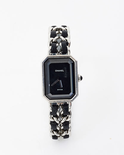 Chanel Sterling Silver & Black Leather Premiere Iconic Chain Watch
