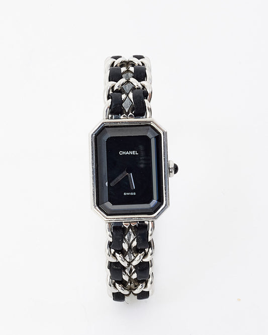 Chanel Sterling Silver & Black Leather Premiere Iconic Chain Watch