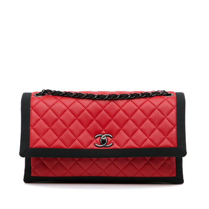 Red Chanel Medium Quilted Lambskin Grosgrain Two Tone Flap Bag