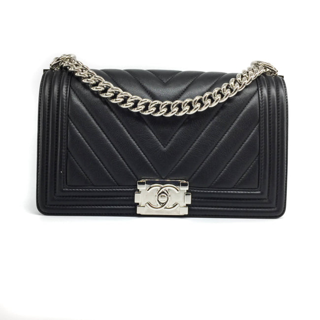 Le Boy Chevron Calfskin Flap Bag with Shiny Silver Hardware