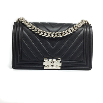Le Boy Chevron Calfskin Flap Bag with Shiny Silver Hardware