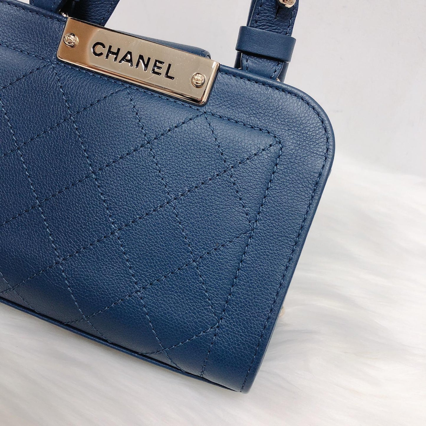 Grained Calfskin Stitched Mini Label Click Shopper Tote in Blue