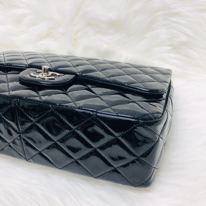 Single Flap Jumbo Quilted Patent Bag in Black with SHW