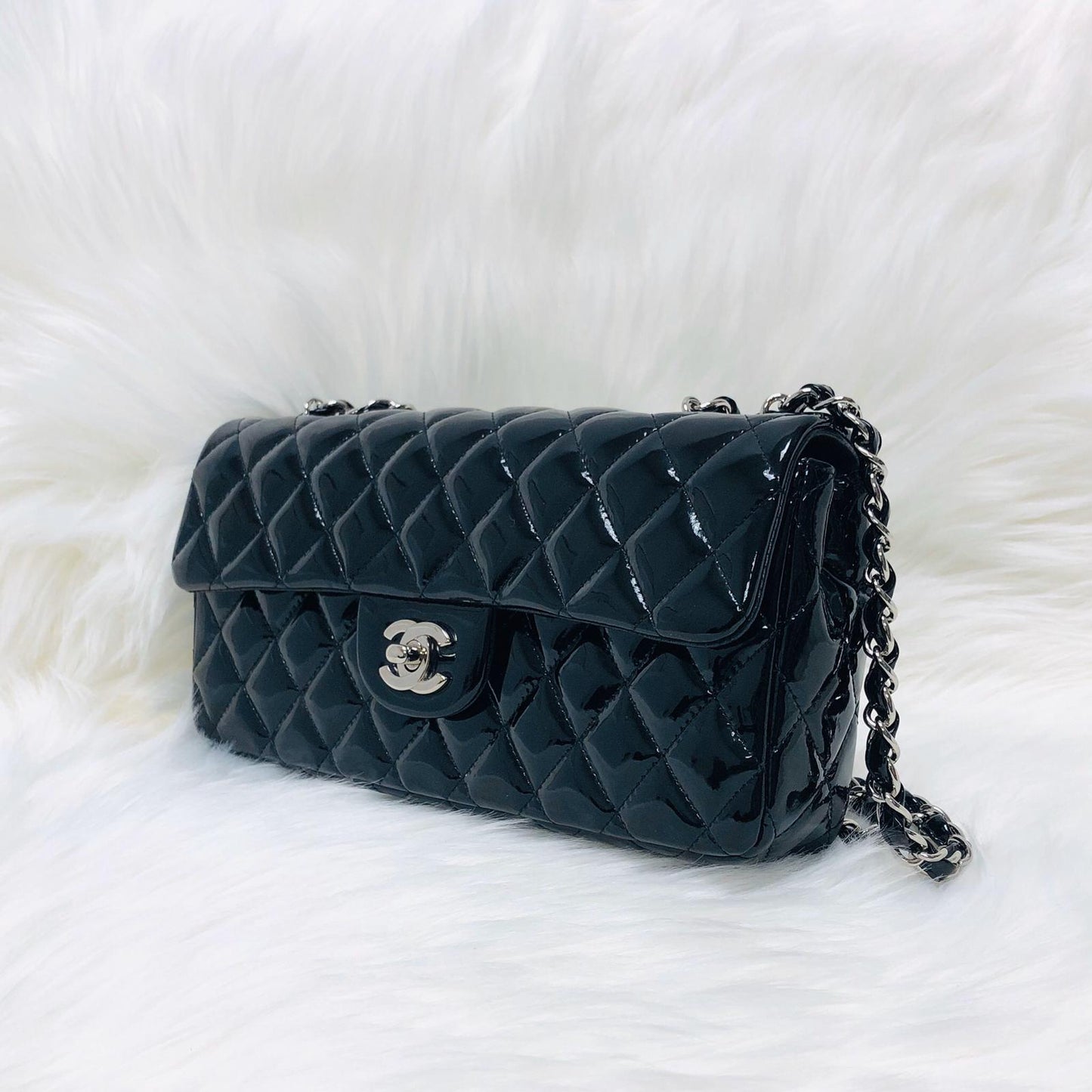East West Flap Bag in Black Patent Leather with SHW
