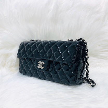East West Flap Bag in Black Patent Leather with SHW
