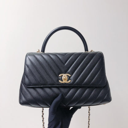 Coco Handle Medium Chevron Flap Bag in Black with GHW