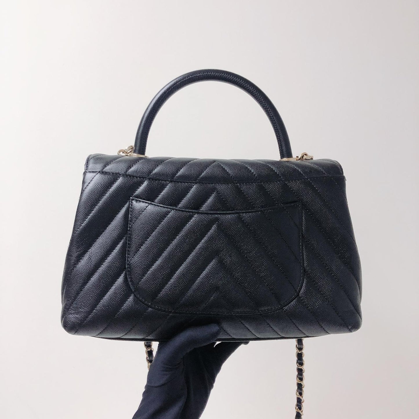 Coco Handle Medium Chevron Flap Bag in Black with GHW