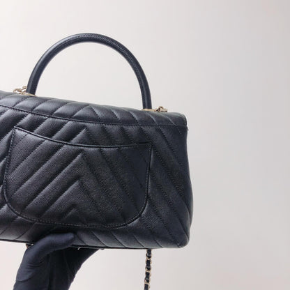 Coco Handle Medium Chevron Flap Bag in Black with GHW
