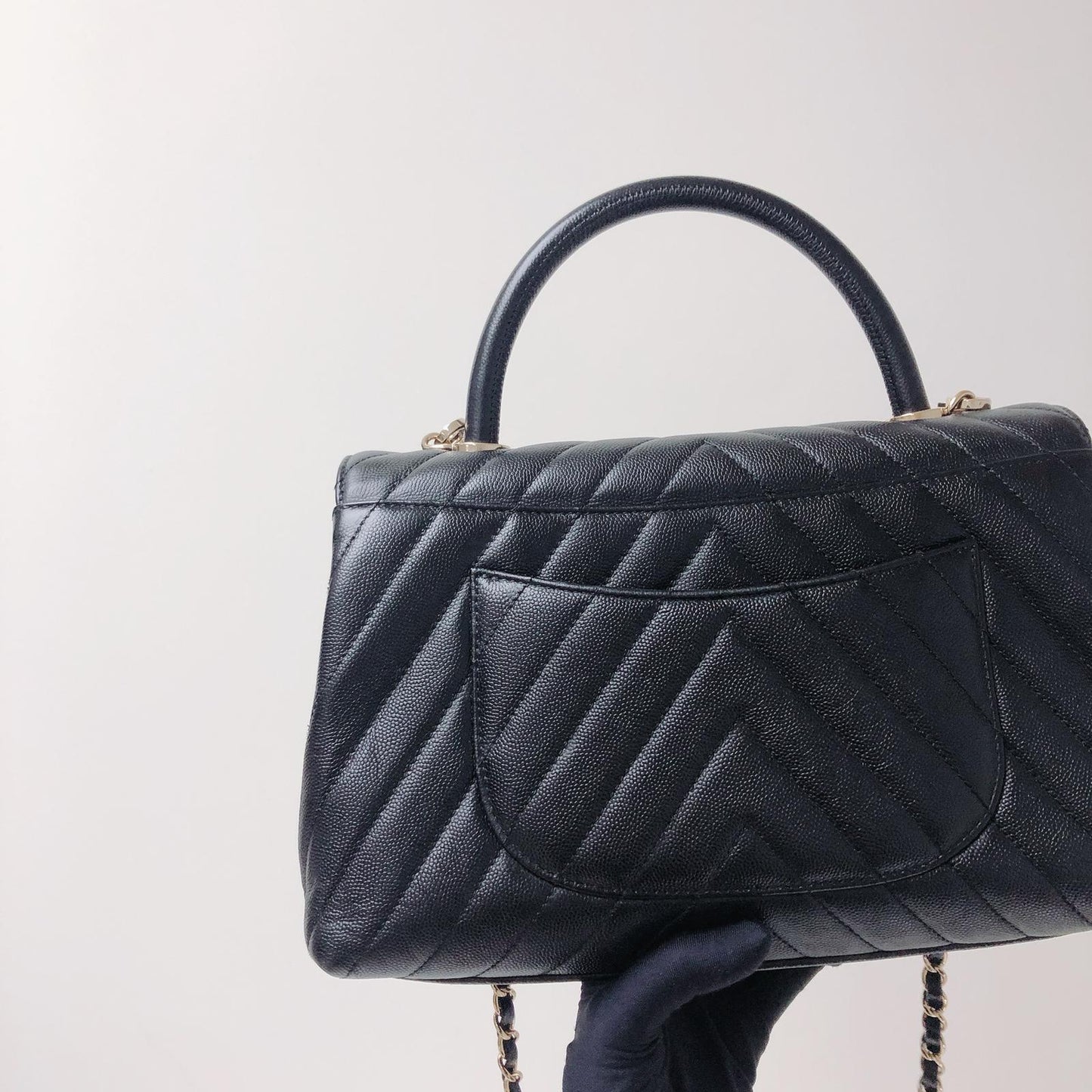 Coco Handle Medium Chevron Flap Bag in Black with GHW
