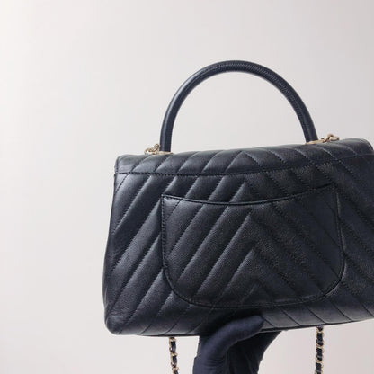 Coco Handle Medium Chevron Flap Bag in Black with GHW
