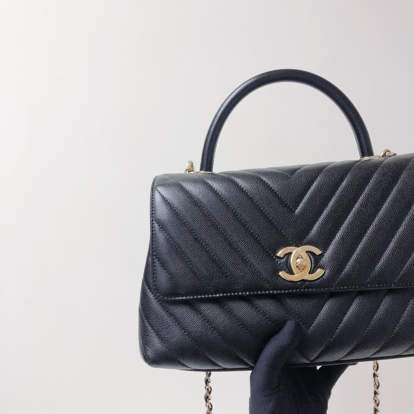 Coco Handle Medium Chevron Flap Bag in Black with GHW