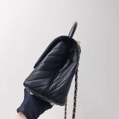 Coco Handle Medium Chevron Flap Bag in Black with GHW