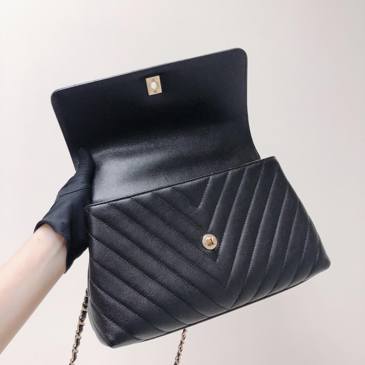Coco Handle Medium Chevron Flap Bag in Black with GHW