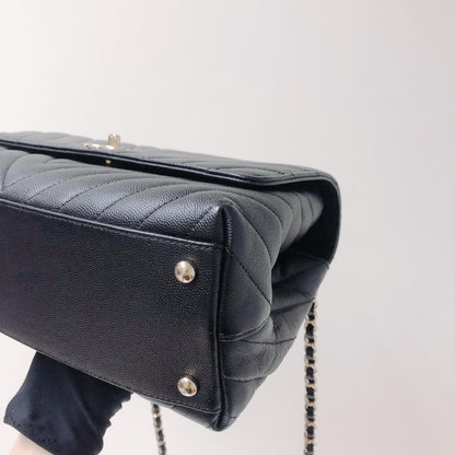 Coco Handle Medium Chevron Flap Bag in Black with GHW
