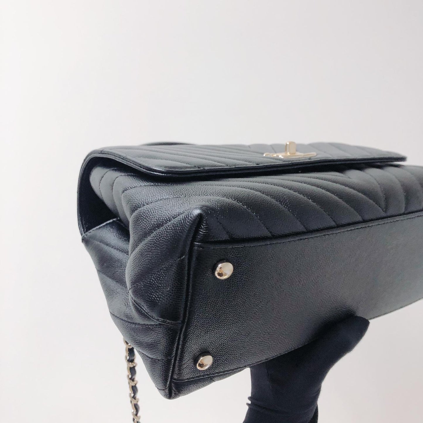 Coco Handle Medium Chevron Flap Bag in Black with GHW