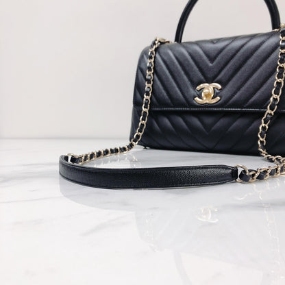 Coco Handle Medium Chevron Flap Bag in Black with GHW