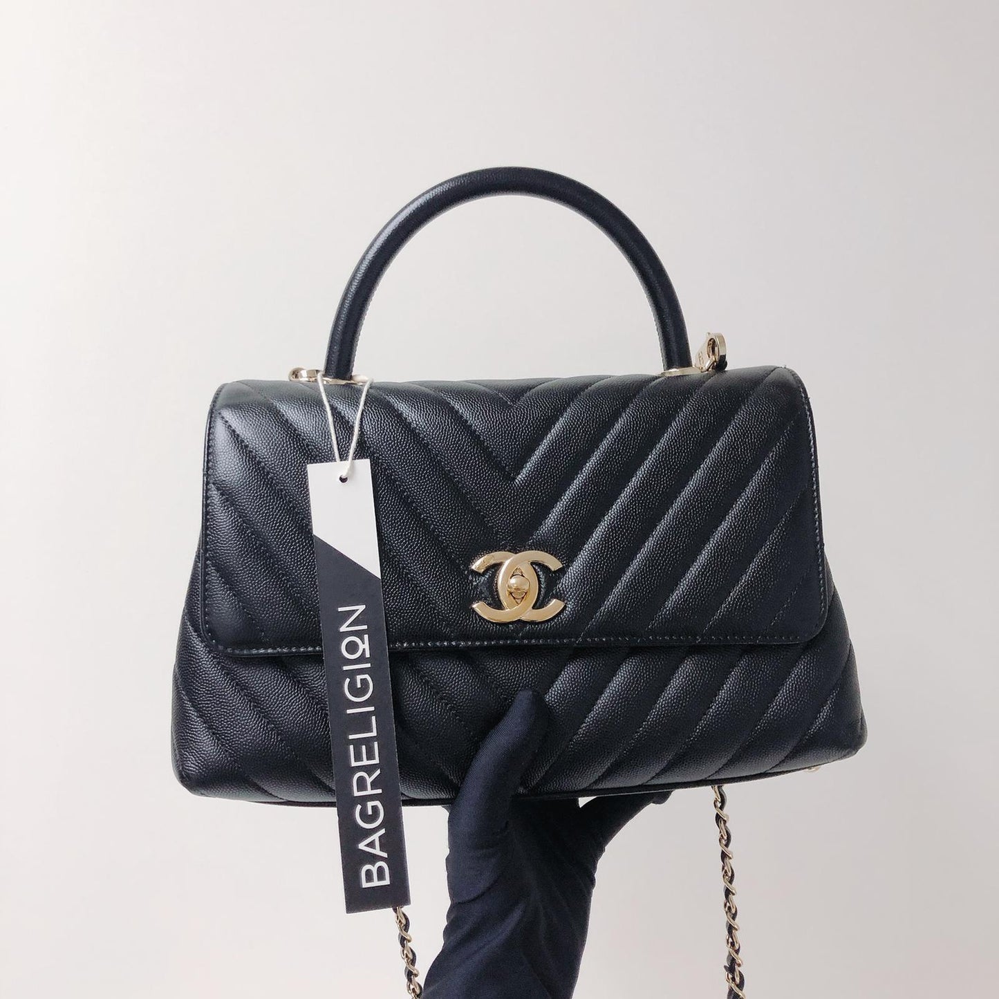 Coco Handle Medium Chevron Flap Bag in Black with GHW