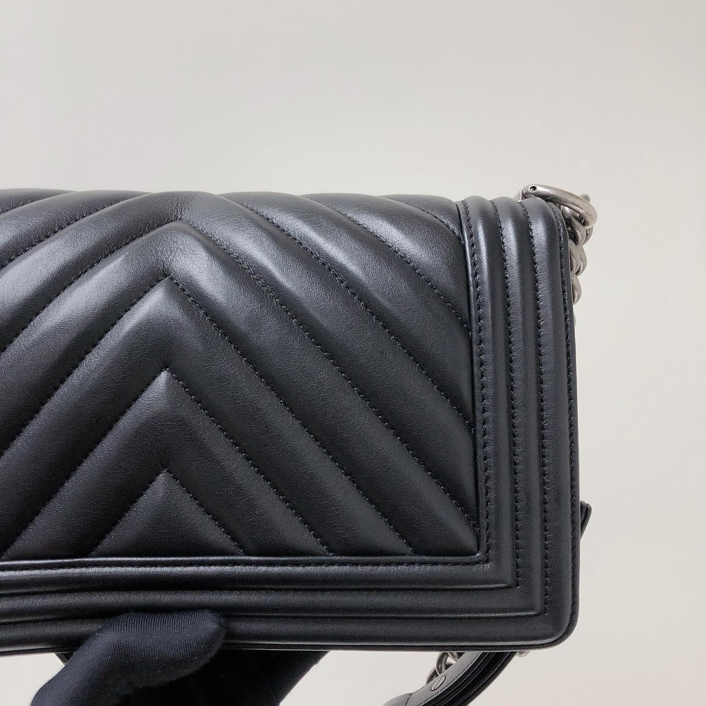 Chevron Caviar Old Medium Boy Bag in Black with SHW