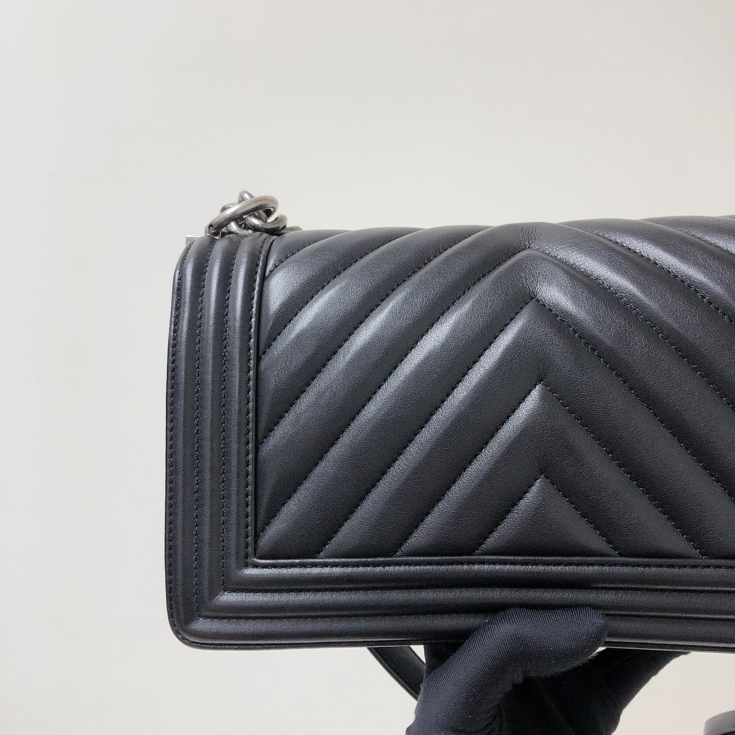 Chevron Caviar Old Medium Boy Bag in Black with SHW