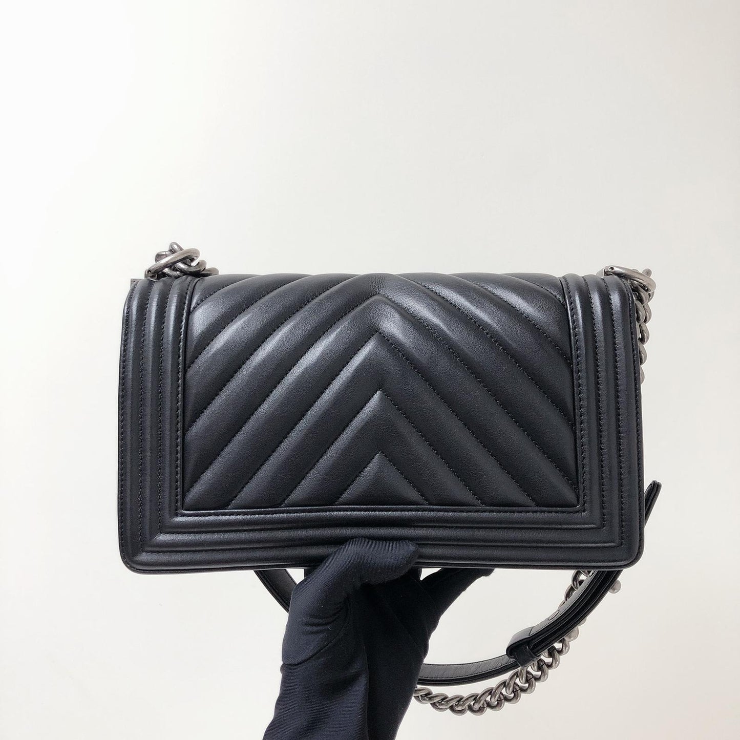 Chevron Caviar Old Medium Boy Bag in Black with SHW