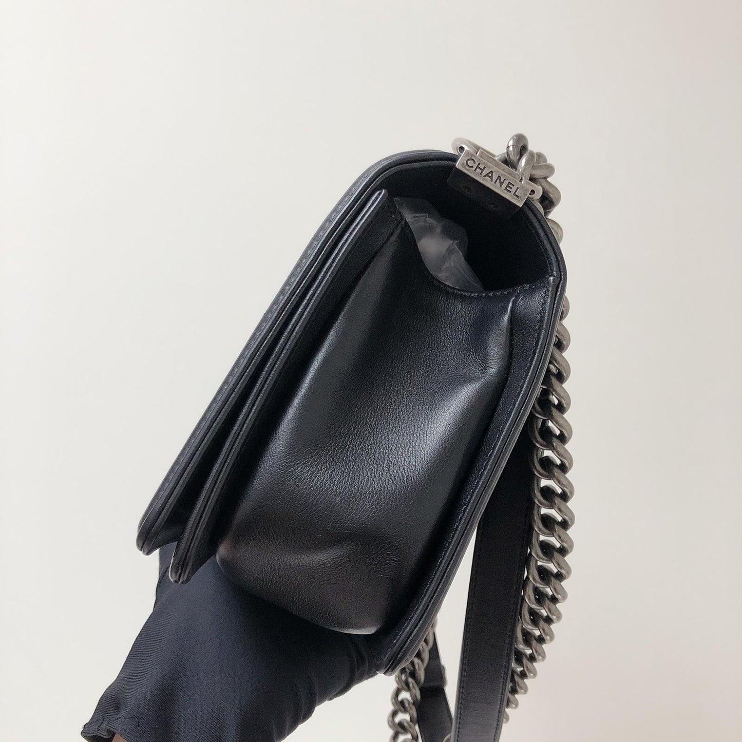Chevron Caviar Old Medium Boy Bag in Black with SHW