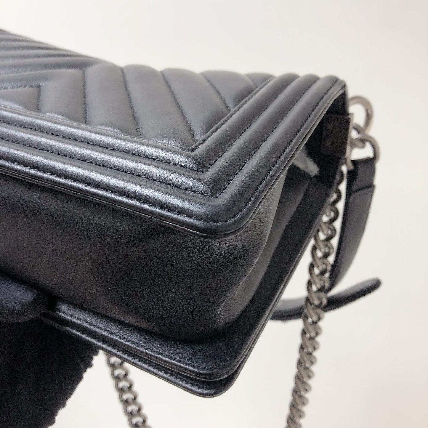 Chevron Caviar Old Medium Boy Bag in Black with SHW