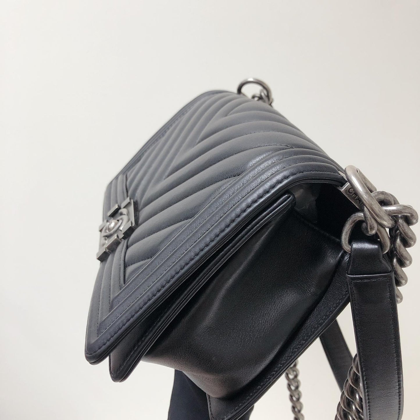 Chevron Caviar Old Medium Boy Bag in Black with SHW