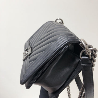 Chevron Caviar Old Medium Boy Bag in Black with SHW
